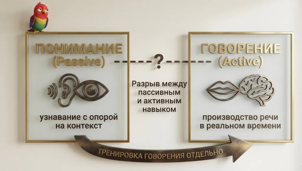 Объёмная инфографика на стене офиса: схема разрыва между пониманием английского и активной речью