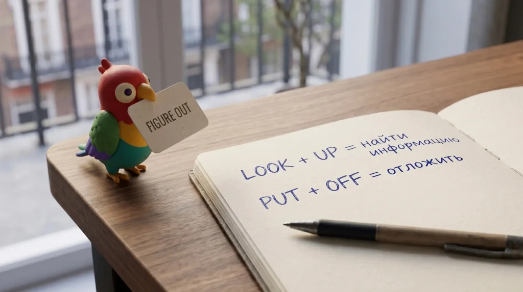 Блокнот с примерами фразовых глаголов LOOK UP и PUT OFF на столе в лондонской квартире. Маскот Vorika держит карточку со словом FIGURE OUT.