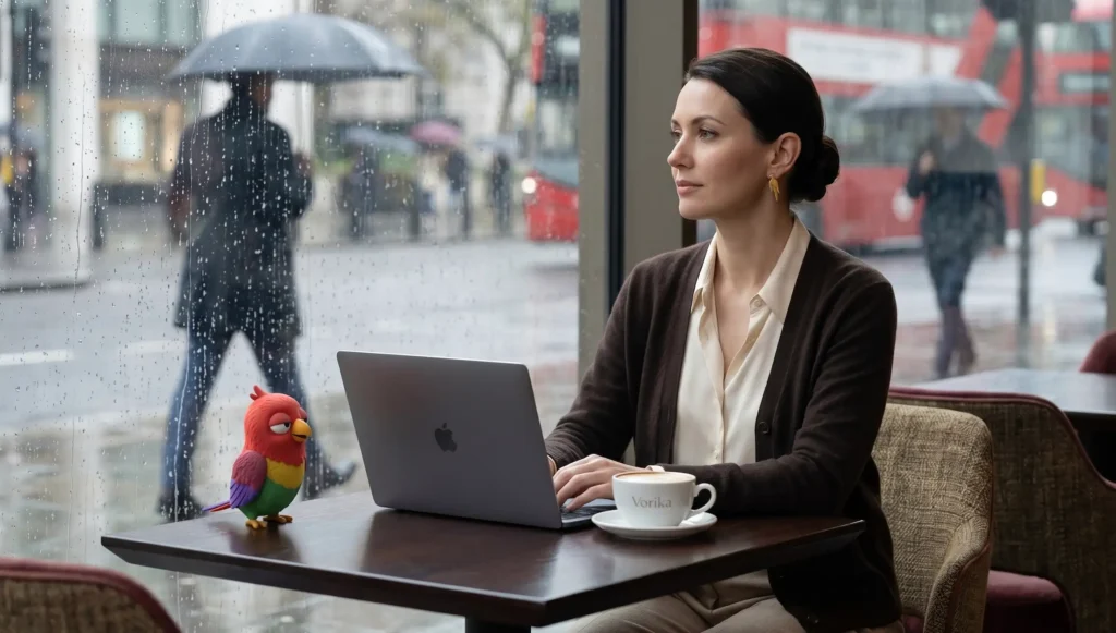 Женщина славянской внешности сидит у окна в лондонском кафе с капучино и MacBook, за окном дождь. Маскот-попугай Vorika сидит на столе и смотрит в окно.