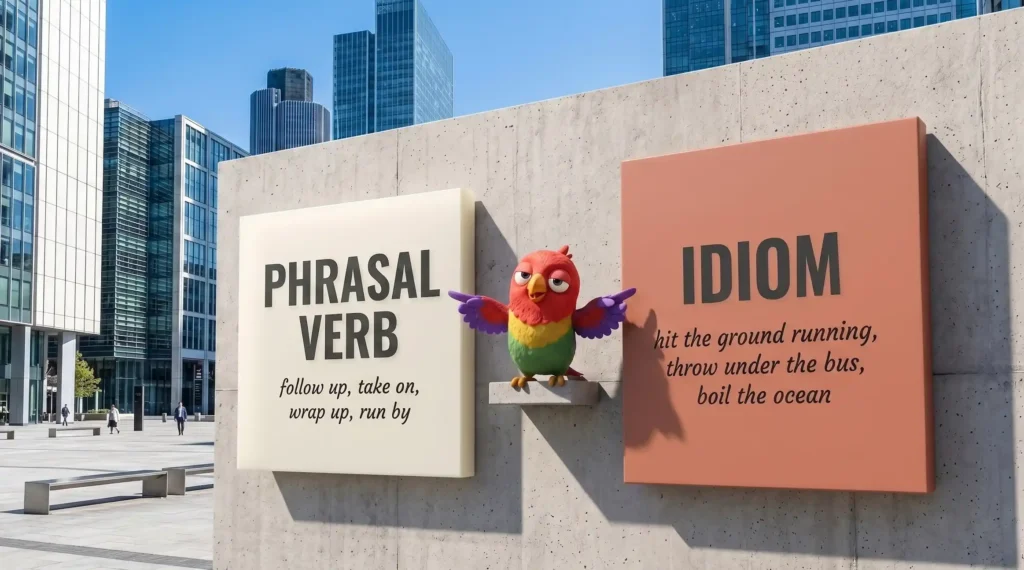 Две цветные панели на бетонной стене в деловом Лондоне: PHRASAL VERB и IDIOM с примерами. Маскот-попугай Vorika сидит между ними и указывает лапками на обе.