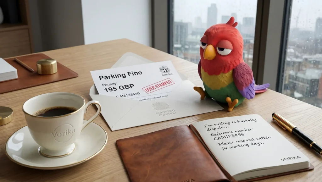 Конверт со штрафом Camden Council Parking Fine на 195 фунтов на столе в лондонской квартире.