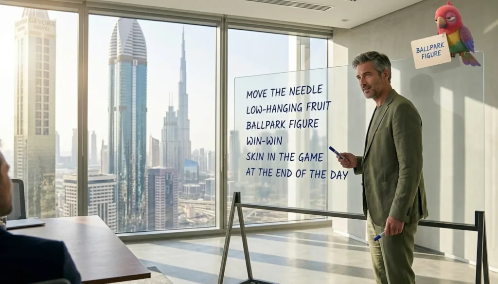 Стеклянная доска с идиомами MOVE THE NEEDLE, LOW-HANGING FRUIT, BALLPARK FIGURE, WIN-WIN в переговорной в Дубае. Маскот-попугай Vorika сидит на краю доски с карточкой BALLPARK FIGURE.