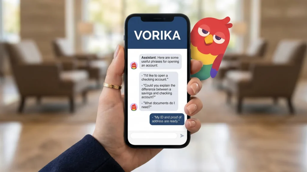 Рука держит iPhone с открытым приложением Vorika, на экране — английские фразы для разговора в банке