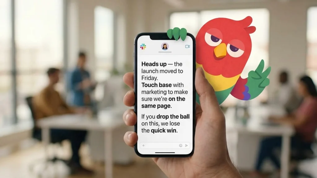 Рука держит iPhone с открытым Slack, на экране — сообщение с офисными идиомами HEADS UP, TOUCH BASE, ON THE SAME PAGE, DROP THE BALL. Маскот-попугай Vorika выглядывает из-за телефона.
