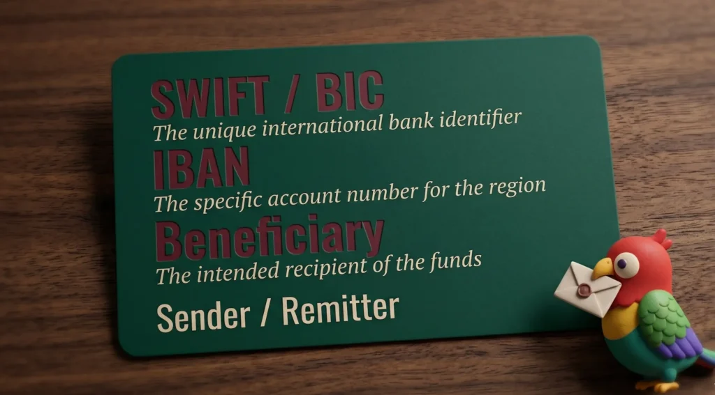 Карточка с облаком слов по кредитной и ипотечной лексике на английском : SWIFT, IBAN, beneficiary, sender