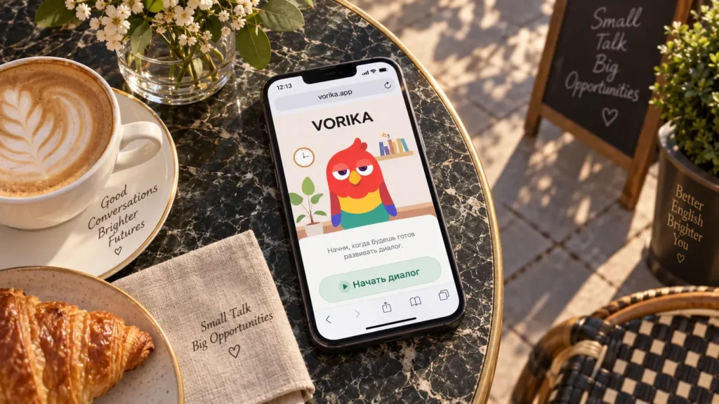 Приложение Vorika для разговорной практики английского открыто на смартфоне в кафе