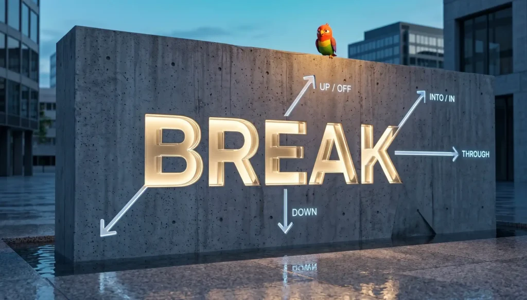 Монументальная уличная инсталляция из бетона и стекла в виде слова BREAK с расходящимися стрелками UP/OFF, DOWN, THROUGH, INTO/IN на городской площади