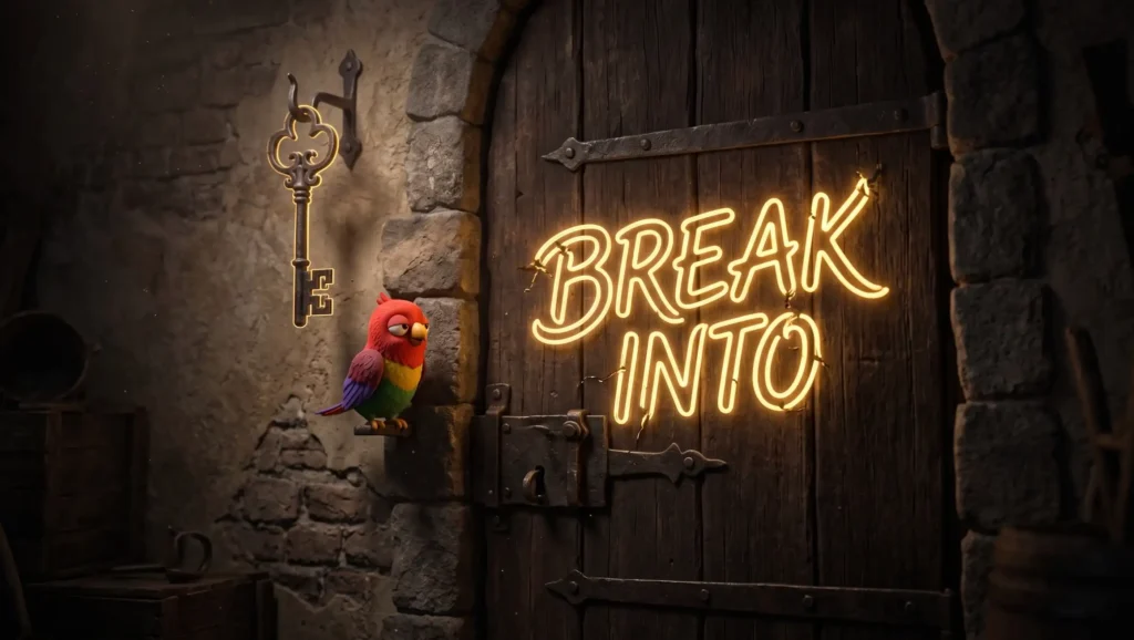 Тёмная стена с изображением двери, на ней надпись BREAK INTO, рядом висит ключ, символический вход в новую сферу