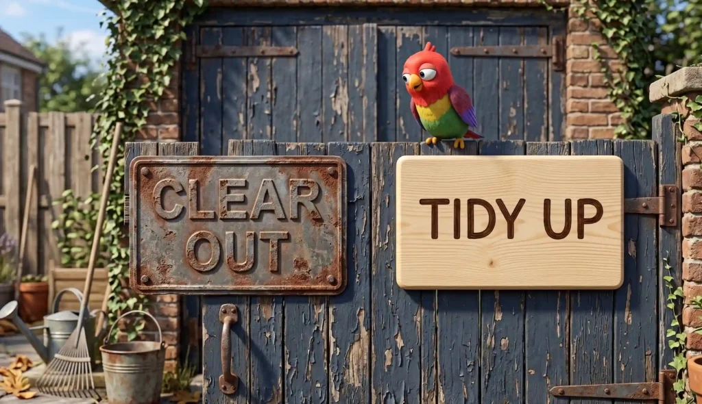 Дверь старого сарая с двумя табличками: CLEAR OUT и TIDY UP, контраст стилей