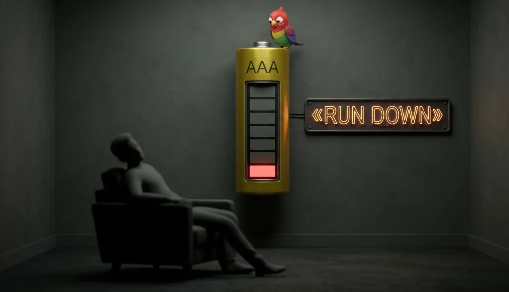 Стилизованная батарейка с почти нулевым зарядом, рядом надпись RUN DOWN, символ истощения и выгорания