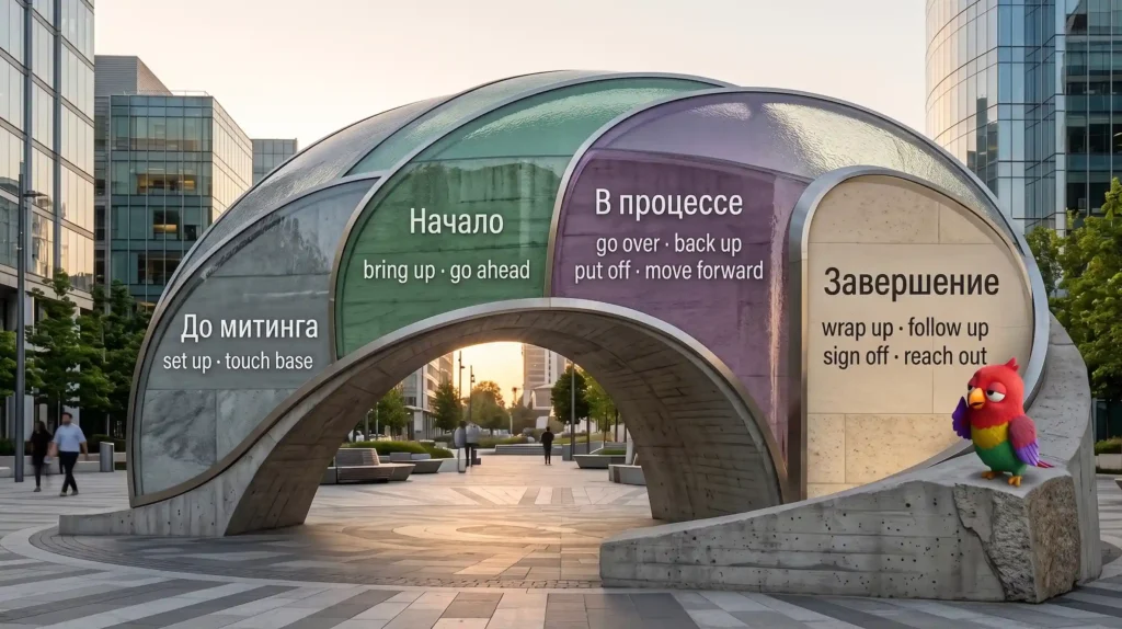Жизненный цикл митинга на английском — фразовые глаголы по этапам: set up и touch base до встречи, bring up и go ahead в начале, go over и back up в процессе, wrap up и follow up после