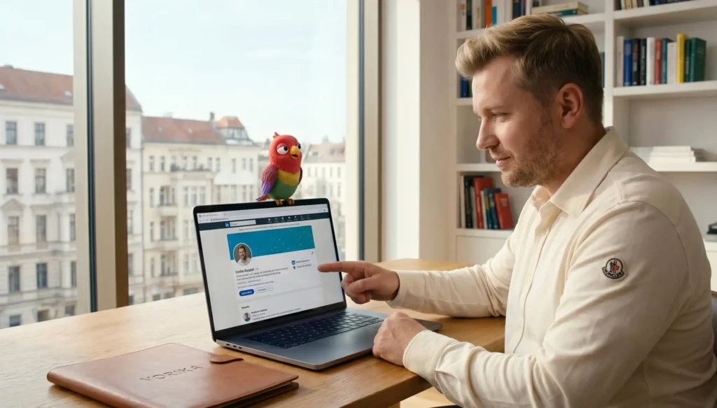 Мужчина-эмигрант изучает LinkedIn на ноутбуке в домашнем офисе в Берлине, дневной свет, средний план