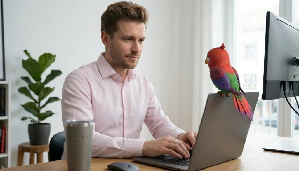 Мужчина-эмигрант пишет сообщение в Slack с аббревиатурами LGTM, FYI в домашнем офисе в Берлине, стальной стакан VORIKA