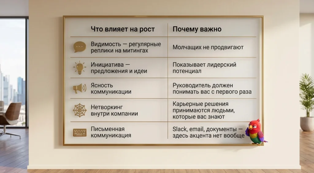 Инфографика на стене офиса во Франкфурте: факторы карьерного роста, которые важнее акцента