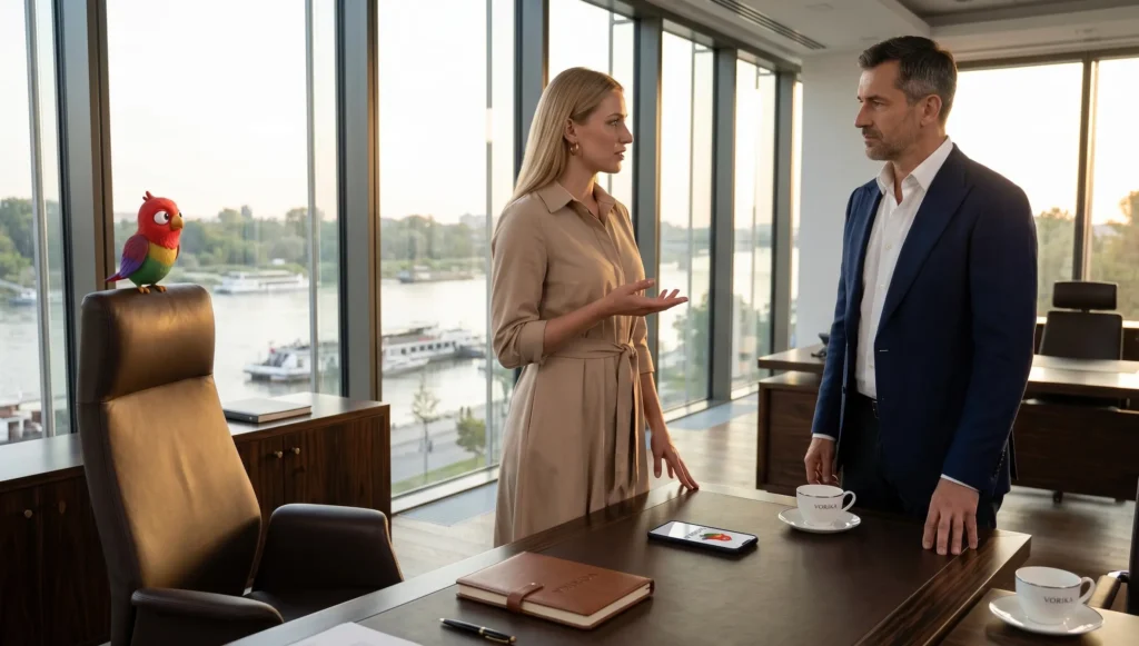 Женщина в песочном платье Max Mara просит повышение у руководителя в офисе в Варшаве они стоят возле стола