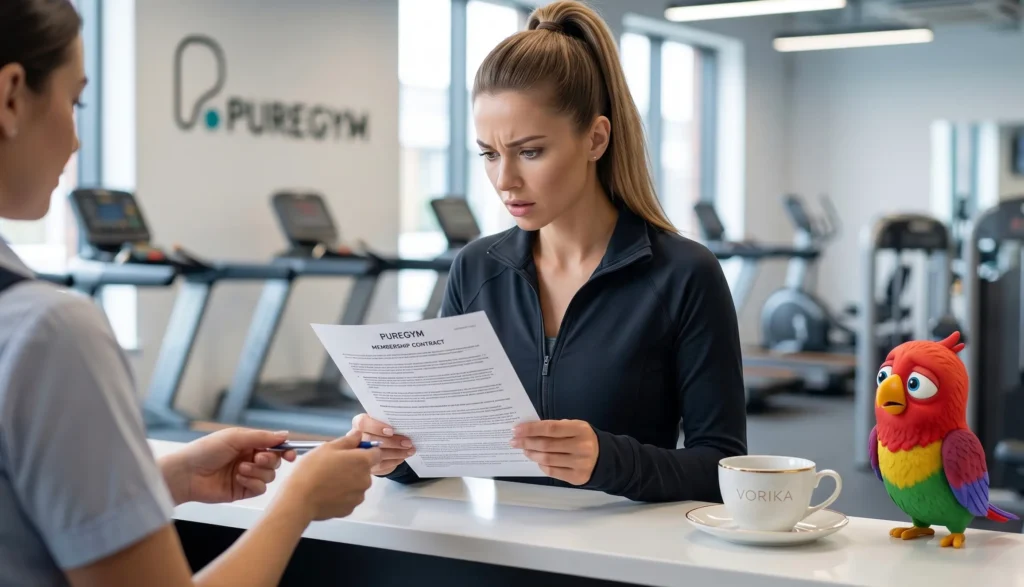 Анна стоит на ресепшне в PureGym в Манчестере, администратор даёт ей подписать контракт, она читает договор 