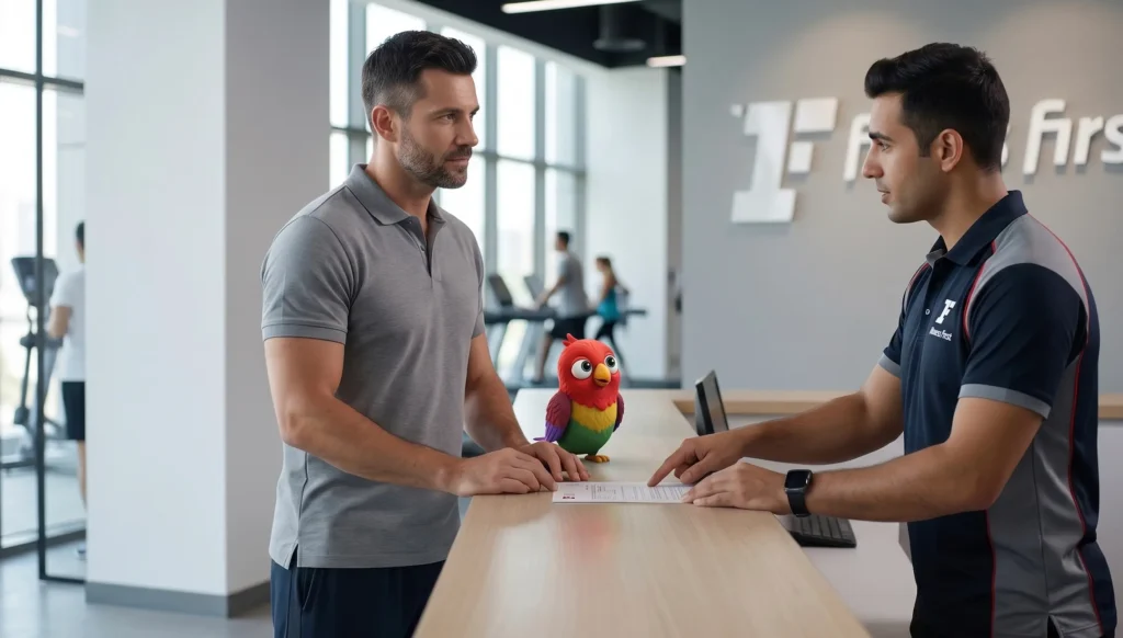 Мужчина-эмигрант в фитнес-клубе Fitness First в Дубае отменяет членство на ресепшне, сотрудник объясняет условия