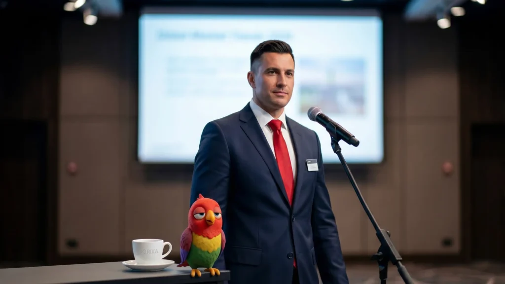 Man with bright red tie speaking on a panel at a business conference in Berlin, confident posture, professional networking