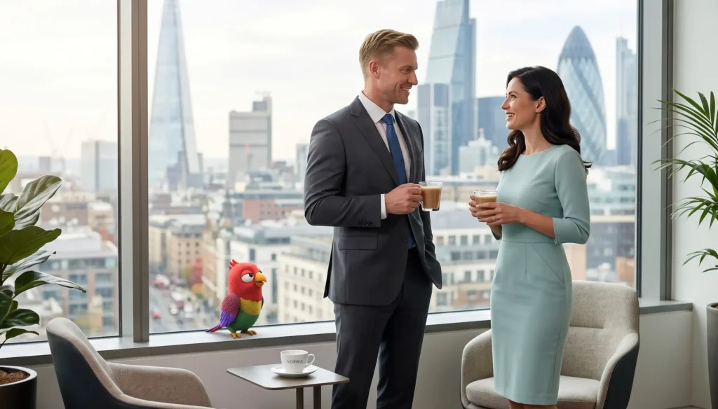 Man and woman in elegant suits talking by window with city view at conference, networking conversation