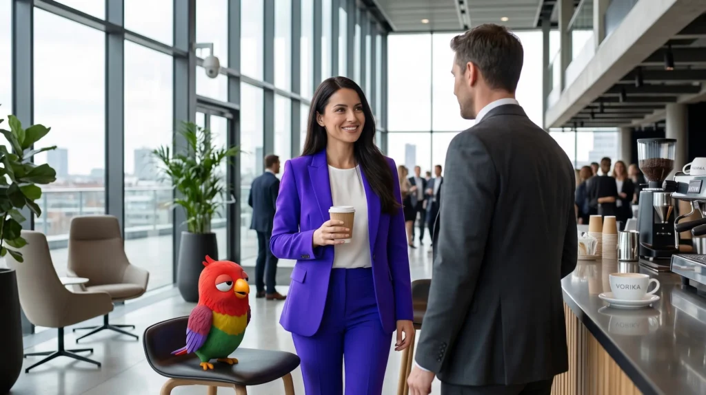Woman in bright suit approaches a man at coffee break during a business conference, starting a conversation, professional networking