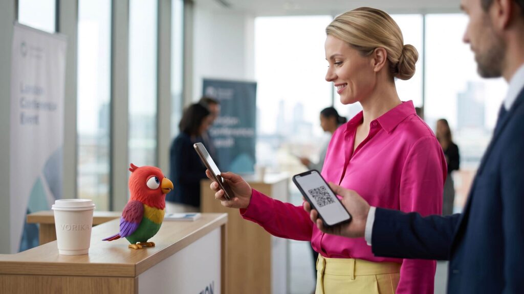 Woman in bright silk blouse scanning QR code for LinkedIn contact at conference registration area, professional networking