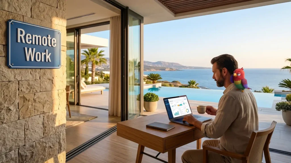 Экспат за ноутбуком на террасе виллы с вывеской Remote Work. На плече попугай Ворика. Английский на удалёнке.