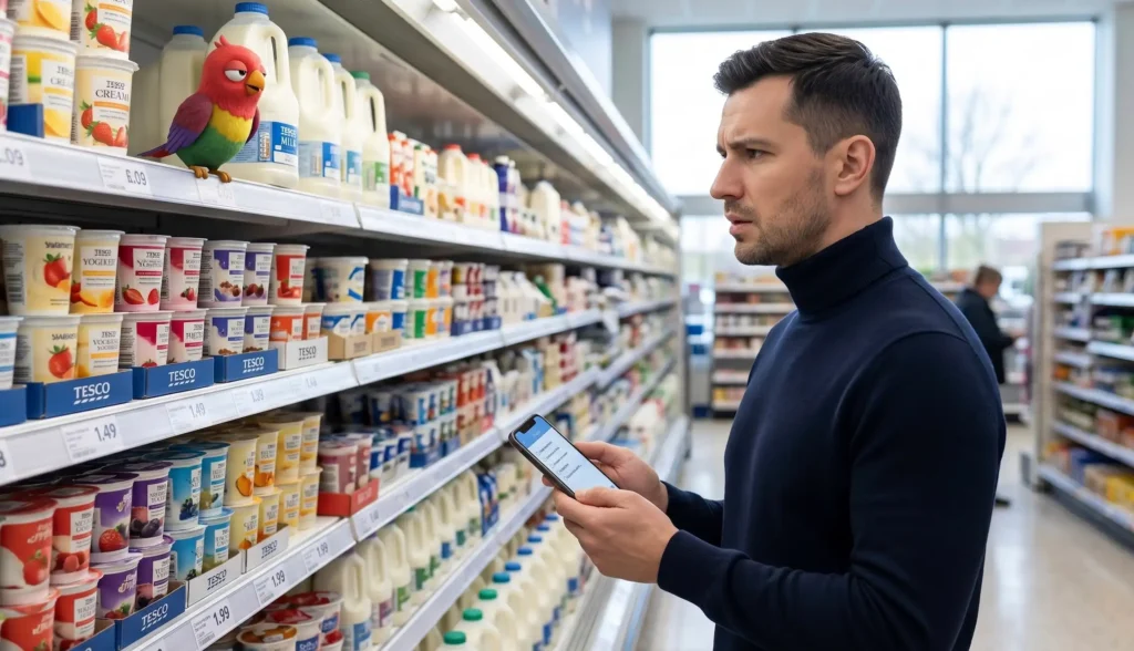 Дмитрий стоит в отделе молочных продуктов в Tesco в Эдинбурге, растерянно смотрит на полку с йогуртами 