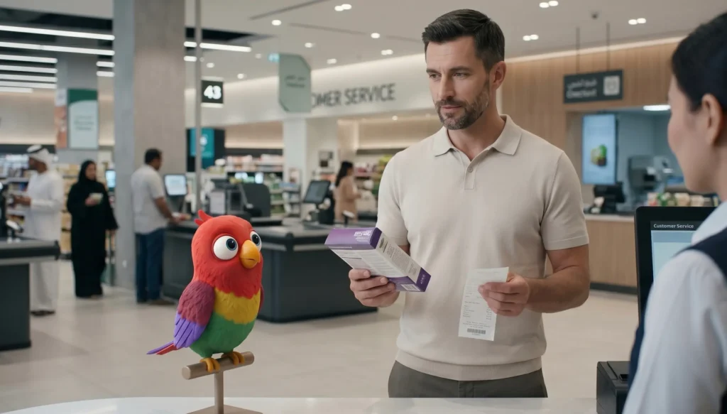 Мужчина-эмигрант в супермаркете в Дубае возвращает товар на стойке customer service, предъявляет чек
