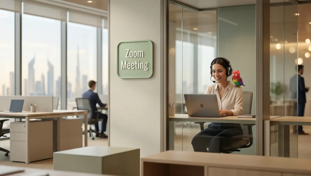 Девушка в коворкинге на созвоне Zoom. Вывеска Zoom Meeting и попугай Ворика. Английский для митингов