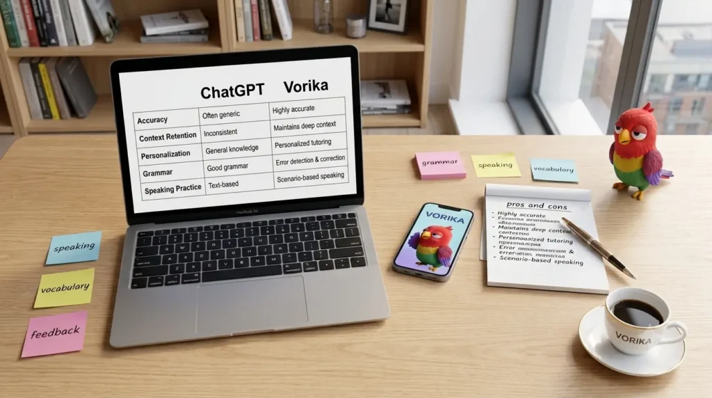 Вид сверху на стол с ноутбуком и телефоном VORIKA в Дублине, таблица сравнения ChatGPT и AI-тьютора, чашка и попугай-маскот