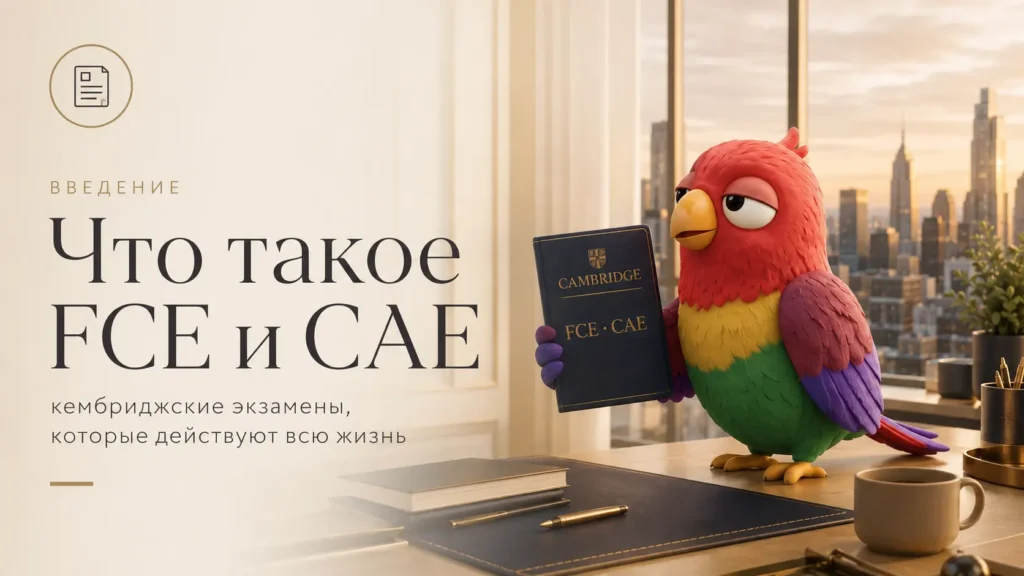 Маскот Vorika держит сертификат Cambridge FCE и CAE в современном кабинете с панорамным видом на город.