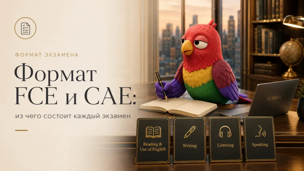 Маскот Vorika готовится к четырём частям экзамена FCE и CAE: Reading, Writing, Listening и Speaking.