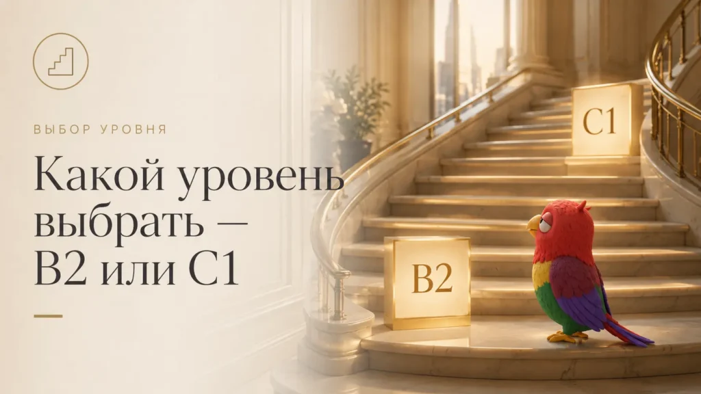 Маскот Vorika стоит на мраморной лестнице между уровнями английского B2 и C1.