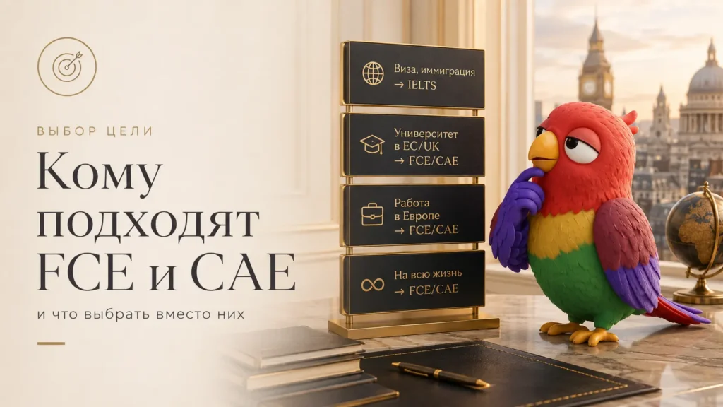 Маскот Vorika выбирает между IELTS и экзаменами FCE и CAE для визы, учёбы и работы в Европе.
