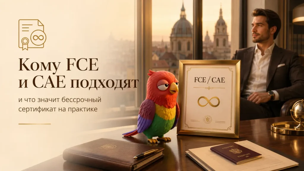 Маскот Vorika рядом с бессрочным сертификатом FCE/CAE в элегантном офисе, символизирующем учёбу, карьеру и долгосрочное подтверждение уровня английского.