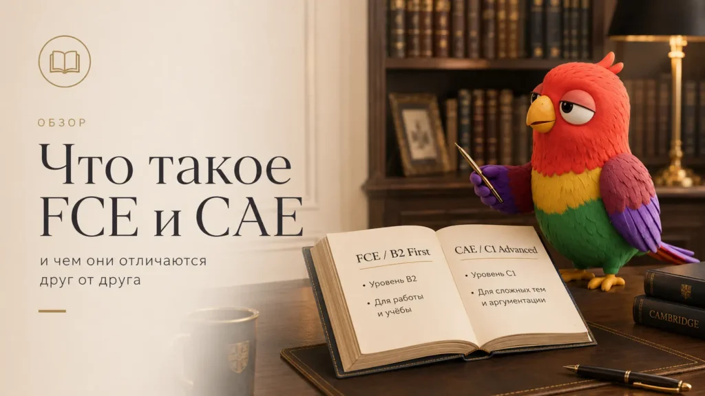 Маскот Vorika сравнивает экзамены FCE уровня B2 и CAE уровня C1 в роскошной домашней библиотеке.