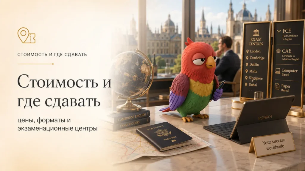 Маскот Vorika изучает стоимость экзаменов FCE и CAE, форматы сдачи и список экзаменационных центров в разных странах.