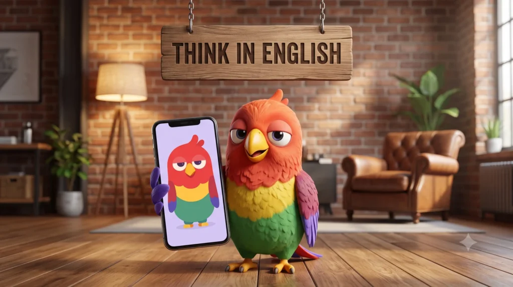 3D попугай-маскот Vorika держит телефон с 2D Vorika на экране, деревянная вывеска Think in English висит над головой
