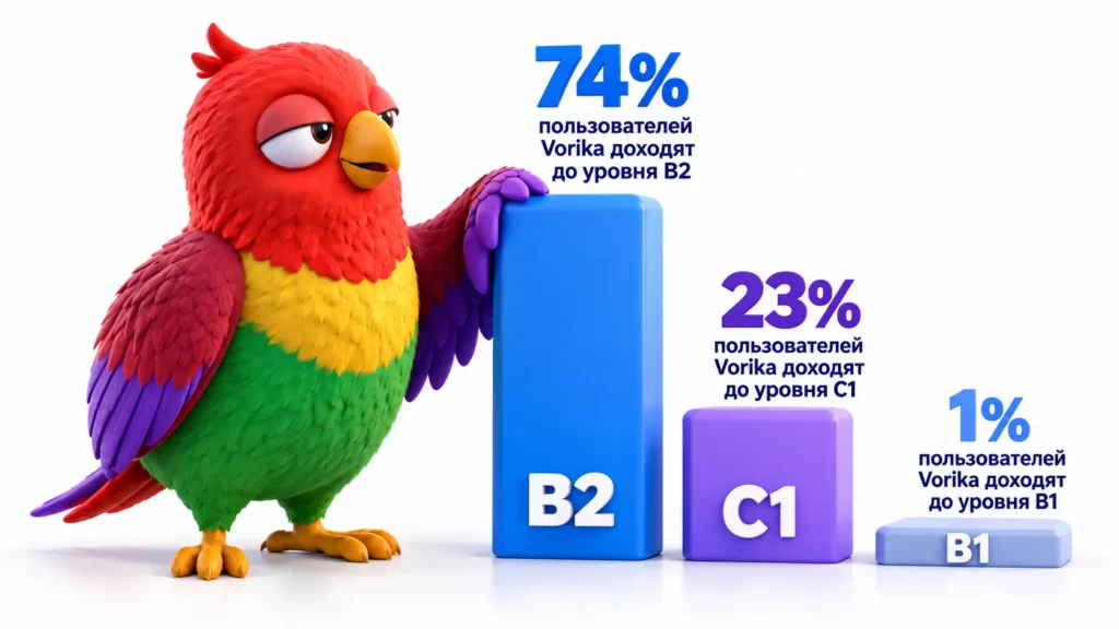 Попугай Ворика рядом с 3D-столбчатой диаграммой на белом фоне с долями пользователей, достигающих уровней B2, C1 и B1.