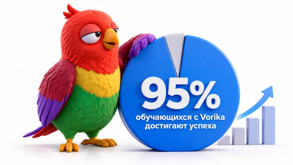 Попугай Ворика рядом с 3D-круговой диаграммой на белом фоне с показателем 95% обучающихся, достигающих успеха с Vorika.