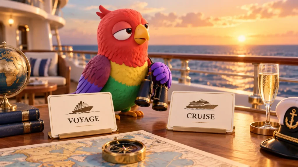 Попугай Ворика на палубе роскошного круизного лайнера, перед ним карточки voyage и cruise.