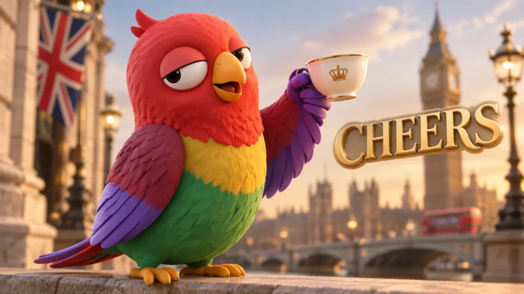 Попугай Ворика в Лондоне поднимает чашку, рядом стильная 3D-надпись Cheers.
