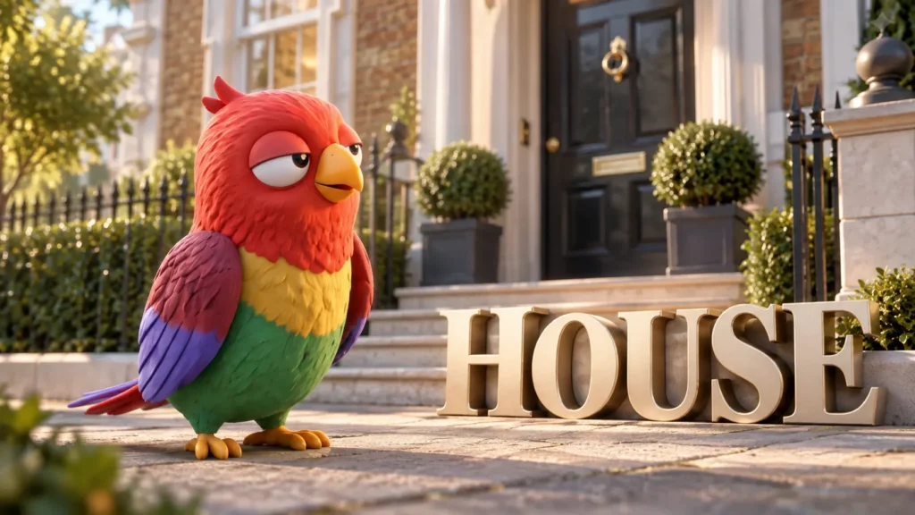 Попугай Ворика стоит у премиального дома рядом с большой 3D-надписью HOUSE.