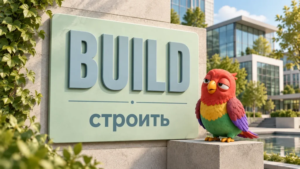 Попугай Ворика сидит на жёрдочке рядом с салатовым шильдиком с английским глаголом BUILD и переводом строить в светлом современном городском пространстве.