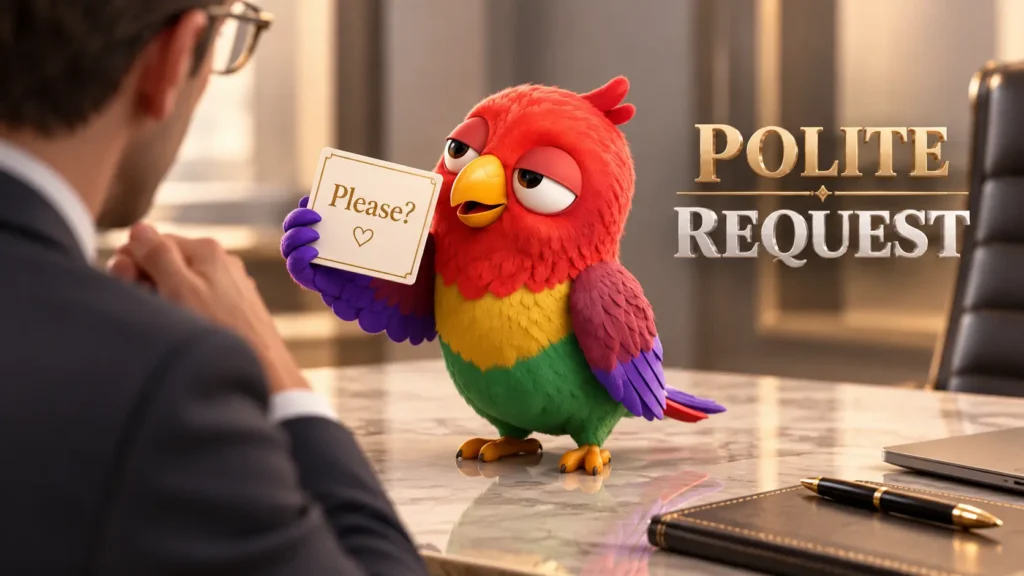 Попугай Ворика в современном офисе держит карточку Please, рядом 3D-надпись Polite Request.