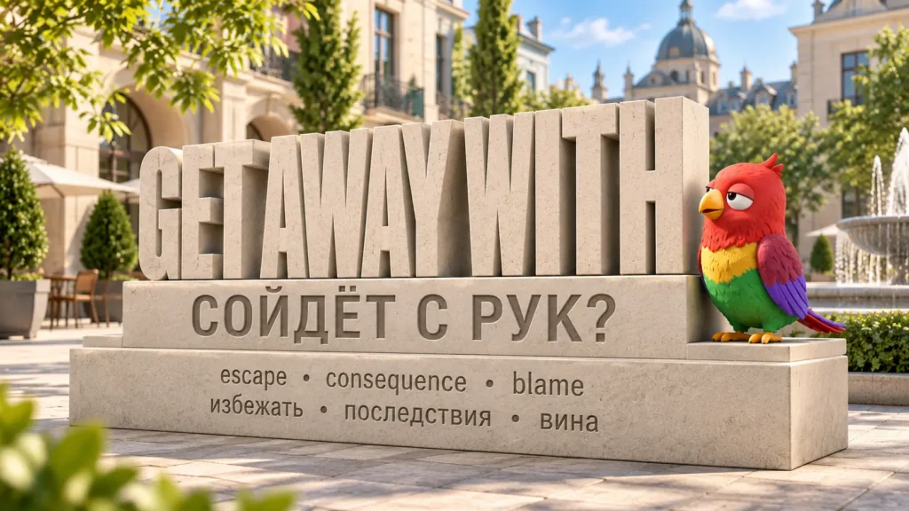 Попугай Ворика сидит у каменного монумента с фразовым глаголом GET AWAY WITH и переводом «сойти с рук» на фоне красивой европейской архитектуры.