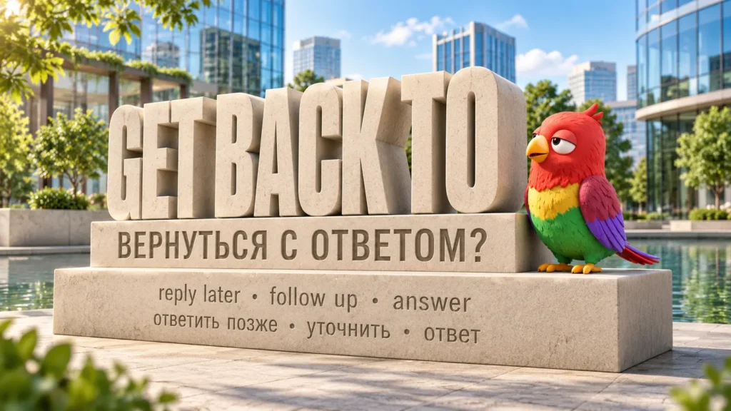 Попугай Ворика сидит рядом с каменной 3D-надписью GET BACK TO и переводом «вернуться с ответом» на фоне современного делового квартала.