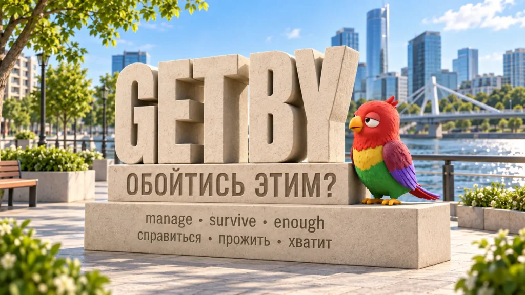 Попугай Ворика сидит рядом с каменной 3D-надписью GET BY и переводом «обойтись, справиться» на фоне современной набережной и городских высоток.