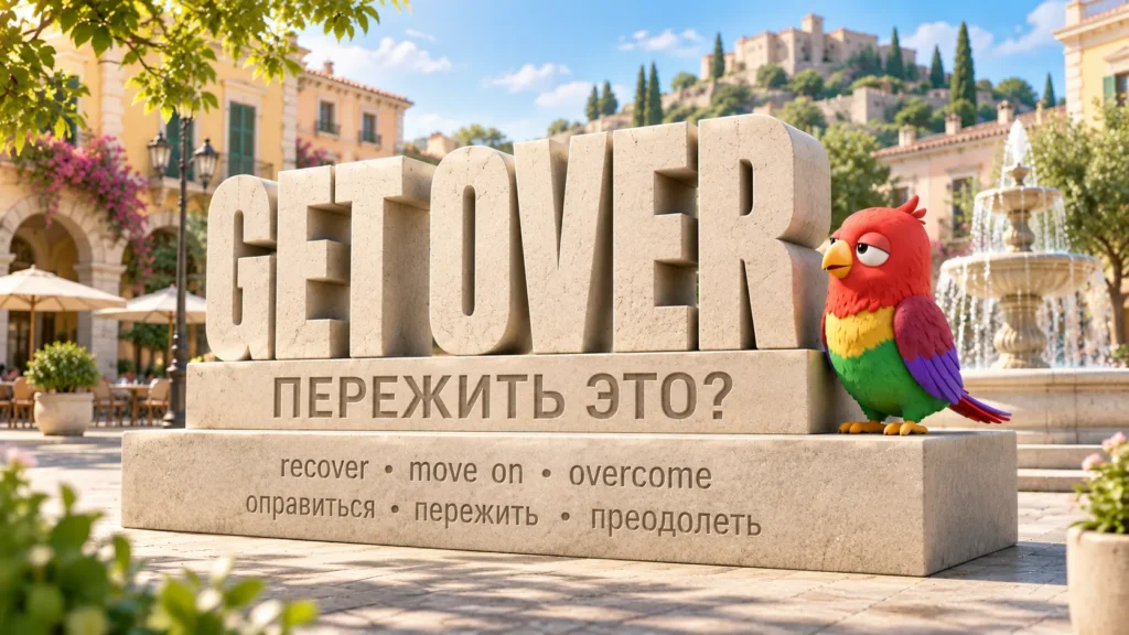 Попугай Ворика сидит рядом с каменной 3D-надписью GET OVER и переводом «пережить, преодолеть» на солнечной средиземноморской площади.