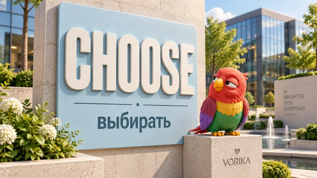 Попугай Ворика сидит на жёрдочке у голубого шильдика с английским глаголом CHOOSE и переводом выбирать на фоне современной архитектуры.